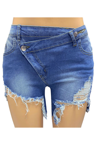 Asymmetrical Frayed Hem Denim Shorts
