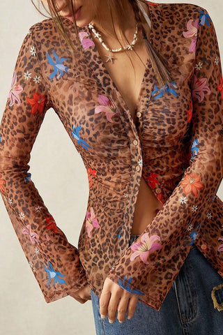 Floral Leopard Print Button-Front Blouse