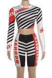 Striped Long Sleeve Crop Top and Shorts Set
