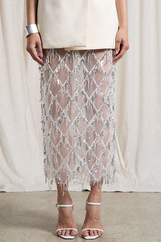 Sequin Beaded Sheer Midi Skirt