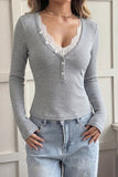 Ribbed Lace Trim Button-Front Long Sleeve Top