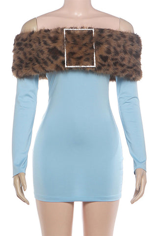 Faux Fur Rhinestone Off-Shoulder Bodycon Dress