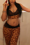 Sheer Lace Trim Animal Print Pants Set