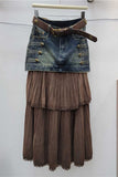 Military Button Denim Pleated Maxi Skirt