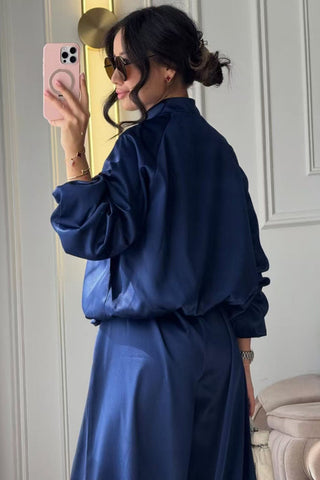 Tie Closure Stand Collar Wide Leg Pants Set