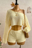 Off-Shoulder Striped Long Sleeve Short Set
