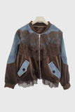 Lace Panel Velvet Zip-Up Denim Jacket