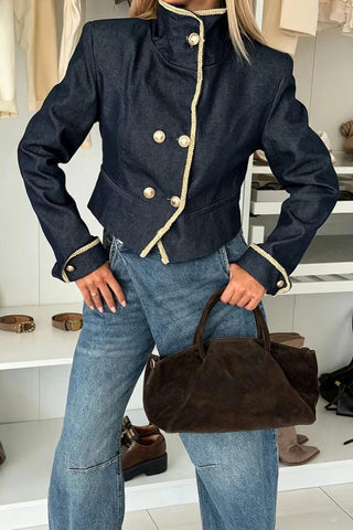 Contrast Trim Mock Neck Double-Breasted Jacket