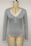 Ribbed Lace Trim Button-Front Long Sleeve Top