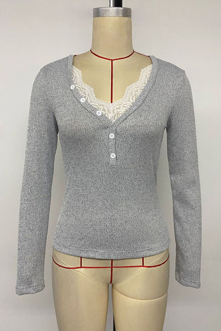 Ribbed Lace Trim Button-Front Long Sleeve Top