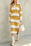 Striped Ribbed Knit Polo Midi Dress