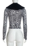 Faux Fur Collar Zebra Print Long Sleeve Top