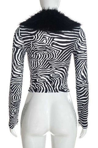 Faux Fur Collar Zebra Print Long Sleeve Top