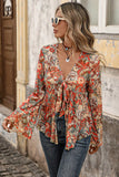 Floral V-Neck Tie Front Bell Sleeve Blouse