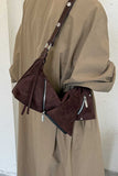 Suede Zipper Detail Slouchy Shoulder Bag
