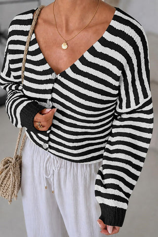 Striped V-Neck Button-Front Knit Cardigan