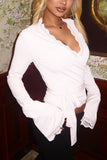 Lace Trim Wrap V-Neck Bell Sleeve Blouse