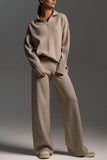 Knit Collared Top and Wide-Leg Pants Set
