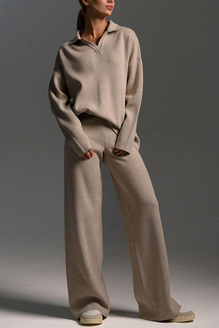 Knit Collared Top and Wide-Leg Pants Set