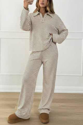 Striped Long Sleeve Collared Loungewear Set
