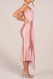 One-Shoulder Tie Neck Satin Midi Dress