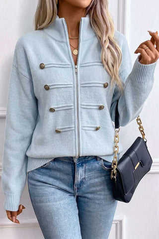 Zip-Front Mock Neck Knit Cardigan