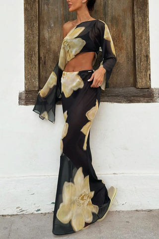 Sheer Floral Off-Shoulder Maxi Skirt Set