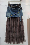 Denim Overlay Tiered Mesh Midi Skirt