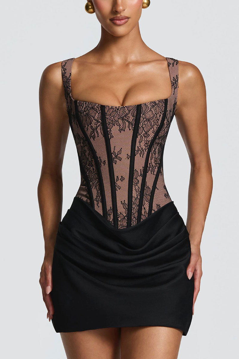 Square Neck Lace Corset Mini Dress