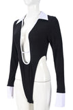 Contrast Collar Deep V-Neck Ribbed Bodysuit