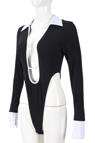 Contrast Collar Deep V-Neck Ribbed Bodysuit