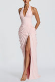 Ruched Halter V-Neck Maxi Evening Dress