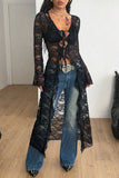 Sheer Lace Front Tie Bell Sleeve Blouse