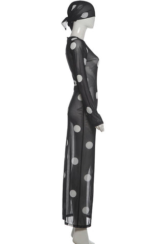 Sheer Polka Dot Bell Sleeve Maxi Dress