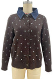 Polka Dot Knit Cardigan with Denim Collar