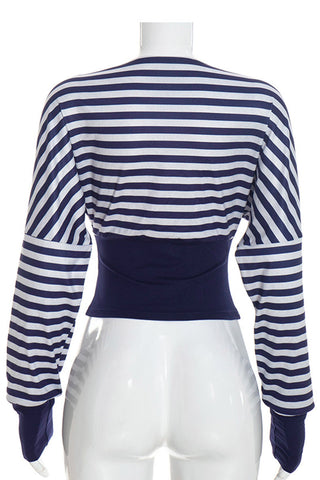 Striped Wrap V-Neck Long Sleeve Crop Blouse