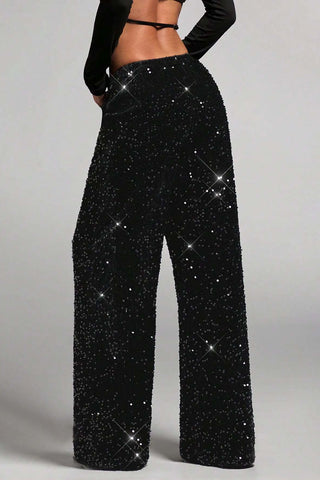 Sequin Drawstring Wide-Leg Casual Pants