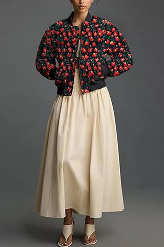 Floral Print Ribbed Trim Zip-Up Bomber Coat