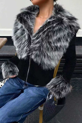 Faux Fur Collar Ribbed Zip-Up Jacket