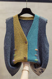 Color-Block Knit Button-Front V-Neck Vest