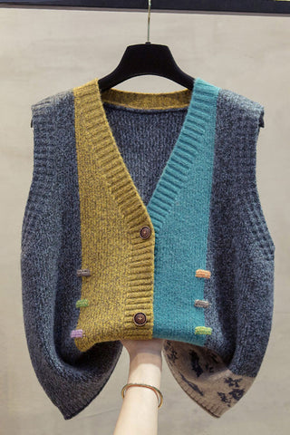Color-Block Knit Button-Front V-Neck Vest