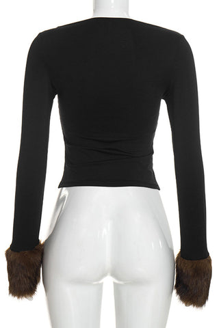 Faux Fur Cuff Long Sleeve Crop Top