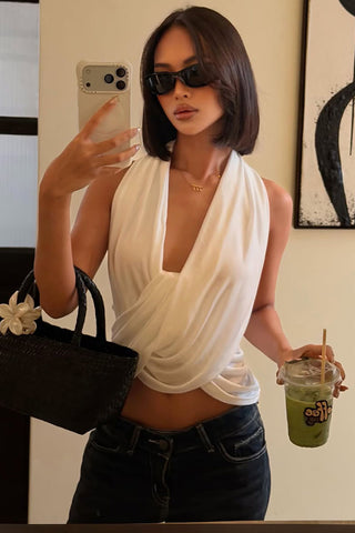 Ruched Front Deep V-Neck Sleeveless Tank