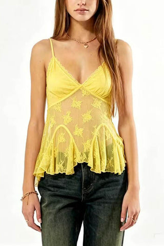 Sheer Floral Lace V-Neck Ruffle Tank