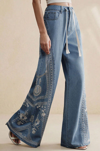 Embroidered Floral Wide Leg Jeans