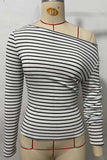 Striped One-Shoulder Ribbed Long Sleeve Top