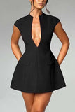 Deep V-Neck Cap Sleeve Flare Mini Dress