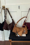 Suede Zipper Detail Slouchy Shoulder Bag
