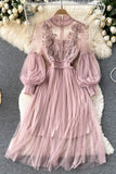 Floral Lace Mock Neck Puff Sleeve Dress