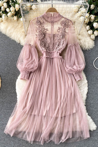Floral Lace Mock Neck Puff Sleeve Dress
